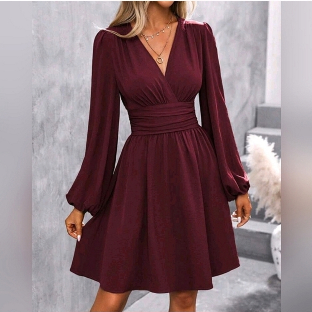 NEW Chic Ruched Waist Lantern Sleeve Dress Burgundy Red - Picture 1 of 9